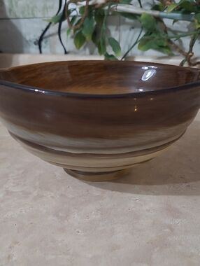 Vintage Brown Swirl Art Glass Pedestal Bowl 9” Decorative Centerpiece